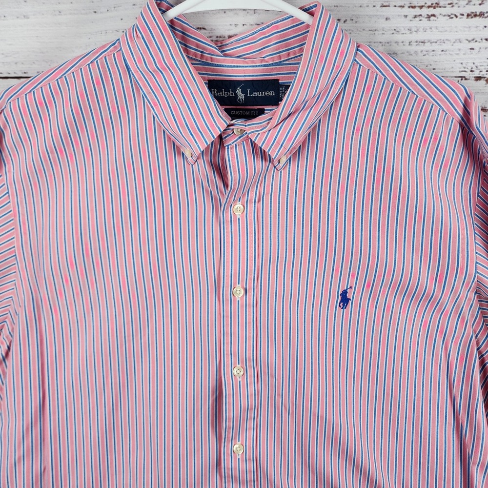 Ralph Lauren Custom Fit Button Up Shirt 17.5 32/33 Custom Pink Blue Striped